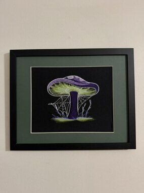 Homemade Purple & Green Mushroom Embroidery Art